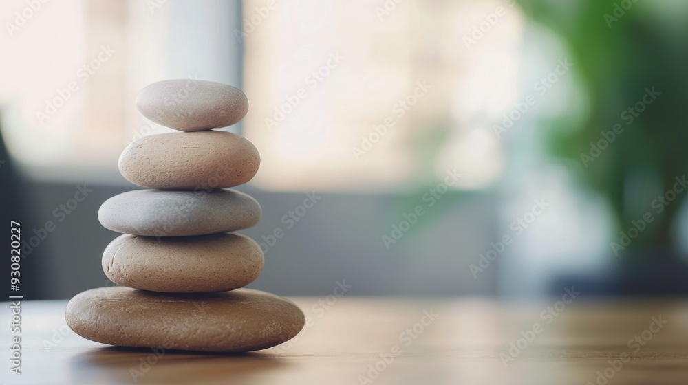 Poster a stack of five rocks on a table