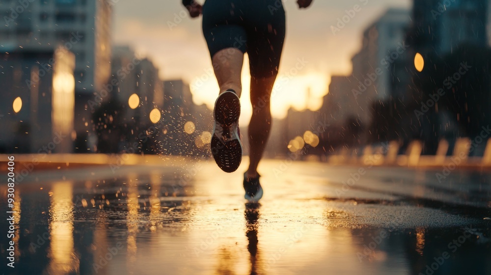 Aufkleber a person running in the rain with the sun setting in the background