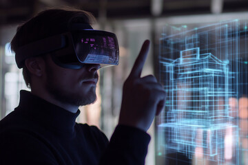A man wearing VR headset interacts with a digital 3D model of a building, showcasing the potential of virtual reality in architecture.