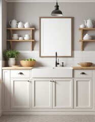 farmhouse kitchen interior, 3d rendered white frame mockup
