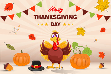 Background of thanksgiving celebration hand drawn design with turkey, pumpkin, and hat