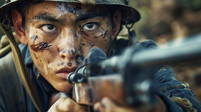 A young soldier in a military uniform looks intently through the scope of a rifle, his face covered in dirt and grime, suggesting the intensity of battle.