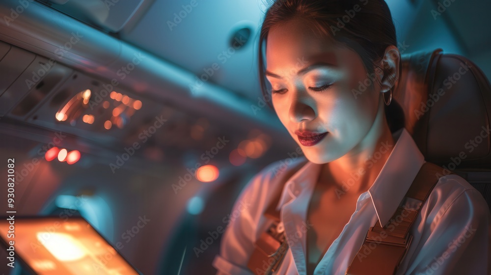 Poster a flight attendant checks her device and prepares for passenger service in the cabin of an airplane 