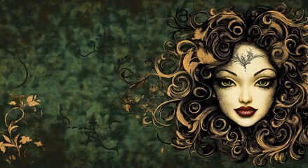 A woman with long, curly hair and green eyes gazes out over a background of green and gold vines.