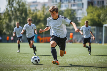 Obraz premium Young boys engage in spirited soccer practice, showcasing dribbling skills on a sunny afternoon in a vibrant community field