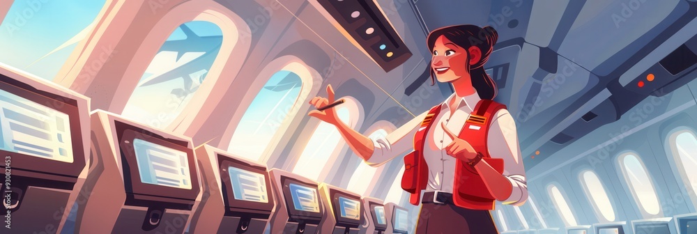 Poster a flight attendant smiles and assists passengers while standing in an airplane cabin filled with adv