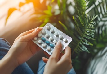 Sick, ill asian young woman, girl hand holding and taking tablet pill capsule, painkiller medicine from stomach pain, head ache, pain for treatment, take drug or vitamin at home, health care concept. 