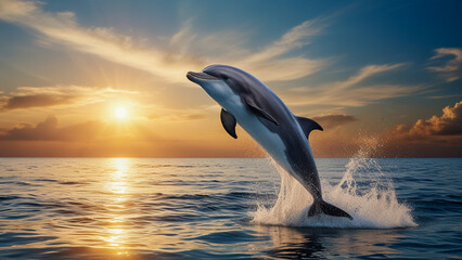 Fototapeta premium Image of a Dolphin breaching out of the water. It captures the majestic moment as the whale leaps into the air, surrounded by splashing water and the sunlit ocean