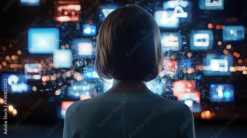 Poster a woman is looking at a computer screen with many different screens