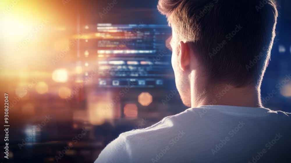 Poster a man is looking at a computer screen with a blurry background