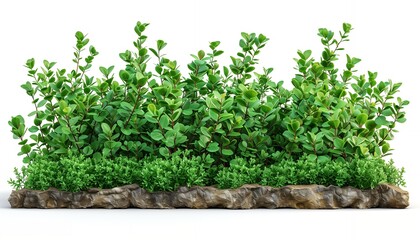 Fototapeta premium A lush arrangement of green plants atop a textured stone base, ideal for decoration.