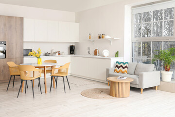 Interior of light spacious kitchen studio with dining table, armchairs, mimosa flowers, houseplant, counters and sofa