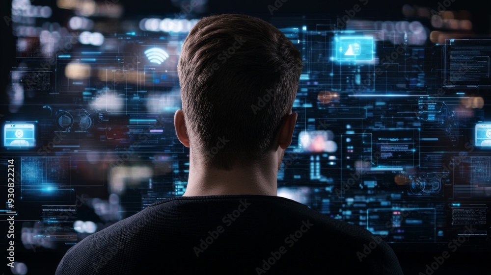 Aufkleber a man is looking at a computer screen with a lot of blue and white graphics