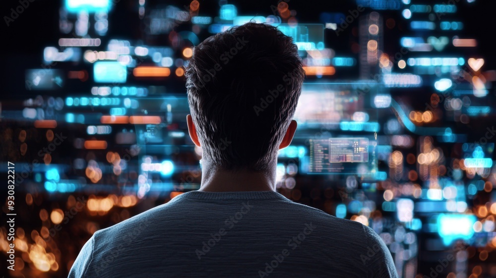 Aufkleber a man is looking at a computer screen with a blurry background