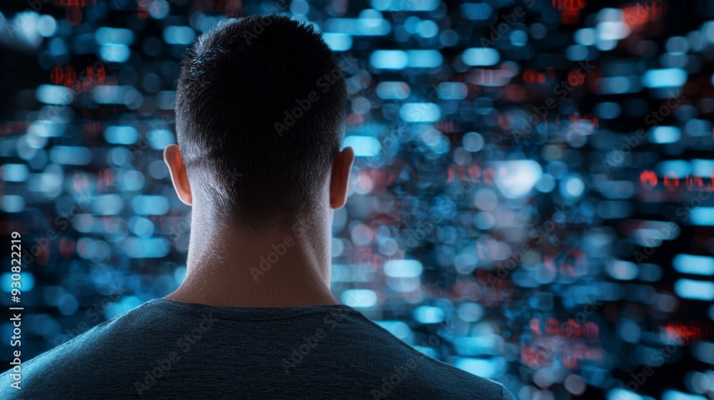Poster a man is looking at a computer screen with a blurry background