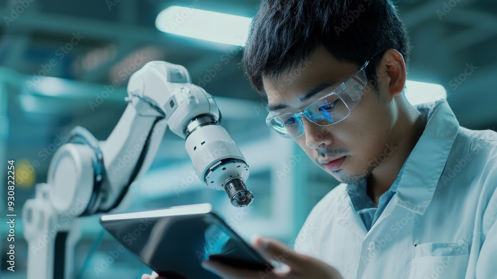 Poster a man in a lab coat is looking at a tablet with a robot in the background