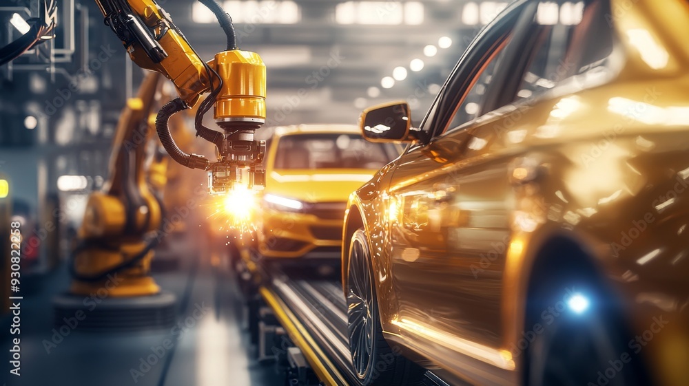 Aufkleber a robot is working on a car in a factory