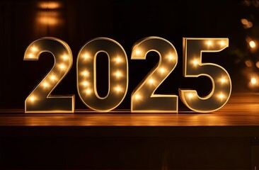 Volumetric luminous numbers 2025 on a dark background