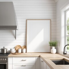 interior Artificial white frame in farmhouse kitchen, 3d rendered white frame mockup
