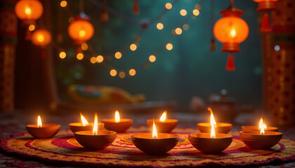 Krishna Janmashtami festive background with mandalas and glowing diya lights