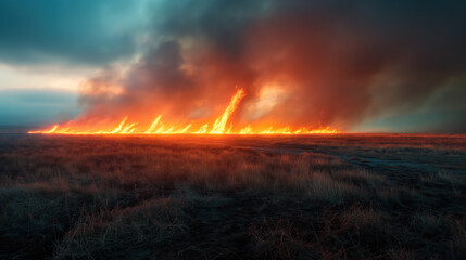 Obraz premium A wildfire spreading across a field with intense flames and thick smoke, highlighting the destructive force of nature and environmental hazards.