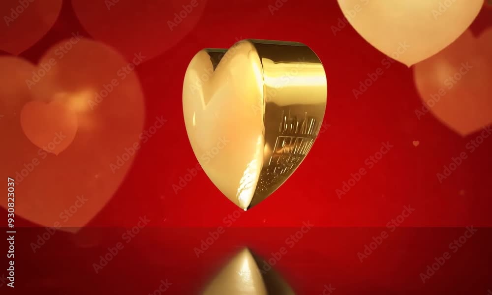 Poster golden heart animation on a red background with festive bokeh lights in the backdrop during a romant