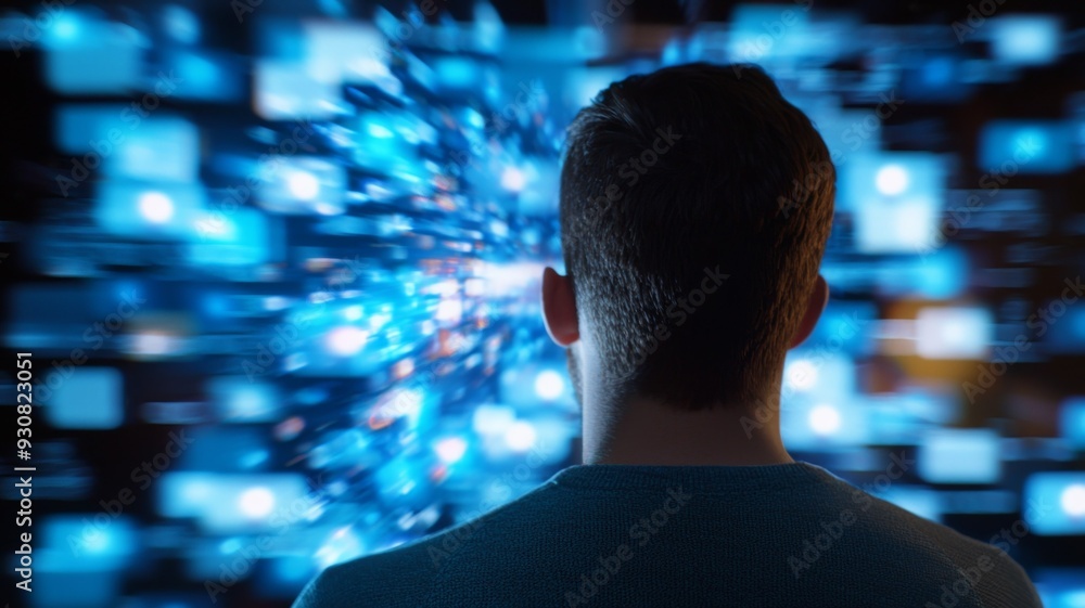 Poster a man is looking at a computer screen with a blue background
