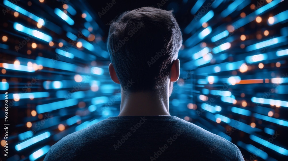 Poster a man is staring at a computer screen with a blue background