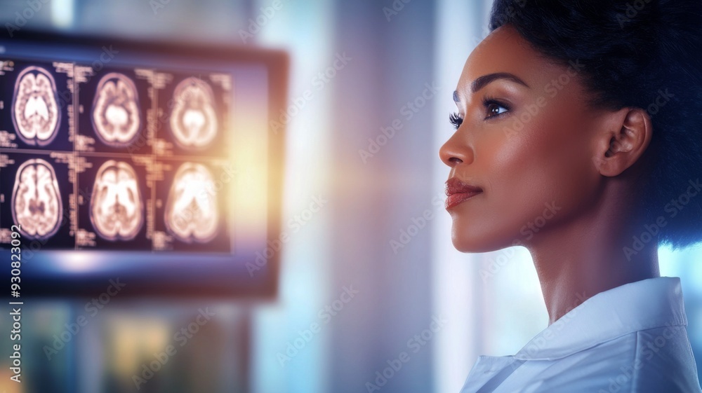 Poster a woman is looking at a computer monitor displaying a series of brain scans