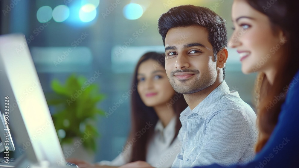 Poster a man with beard and a woman with a smile are sitting in front of a computer monitor