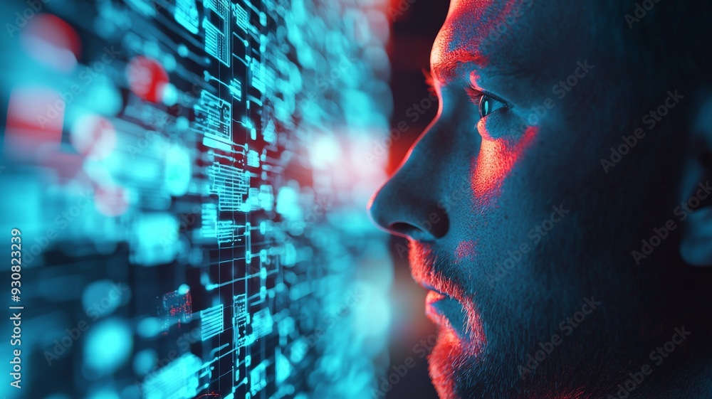 Poster a man is staring at a computer screen with a blue background