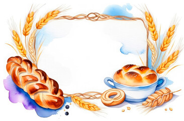 Decorative frame with ears of wheat, braided challah bread, painted with watercolor on white background. Free space for text in center. Jewish holiday Shavuot concept