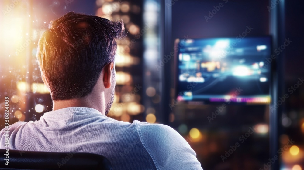Aufkleber a man is sitting in front of a computer monitor, watching something on it
