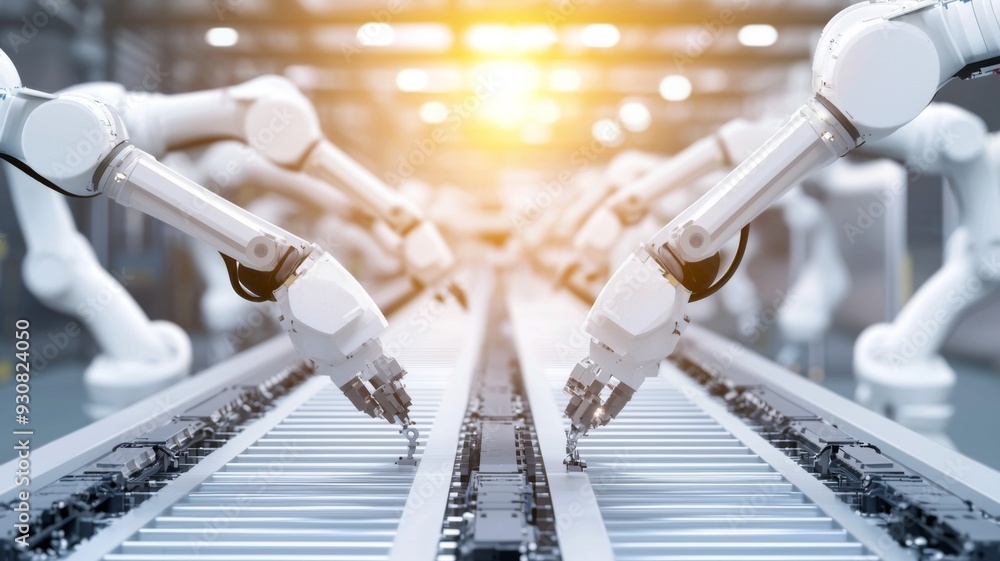 Poster a robot is working on a conveyor belt with other robots