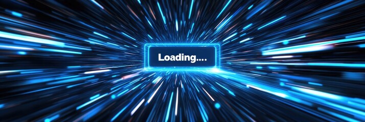 Loading word on black digital tech background. Blue lines on monitor screen. Data load concept, graphic design