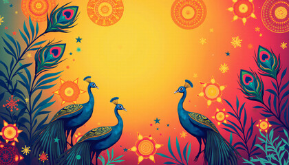 Vibrant Janmashtami background featuring peacock feathers and abstract mandalas
