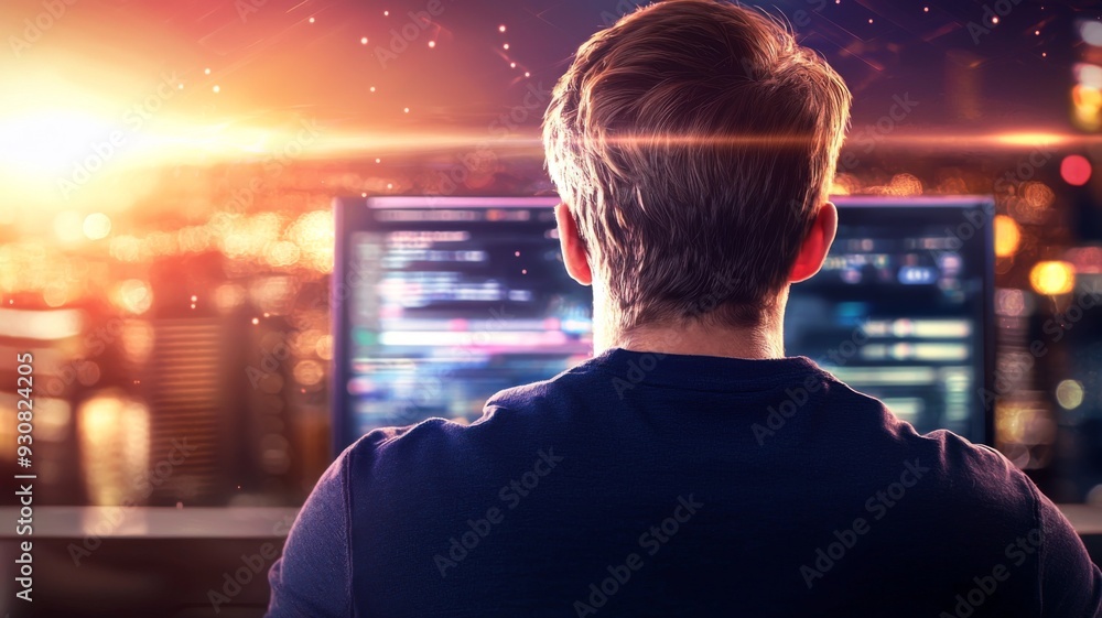 Poster a man is sitting in front of a computer monitor, looking at the screen