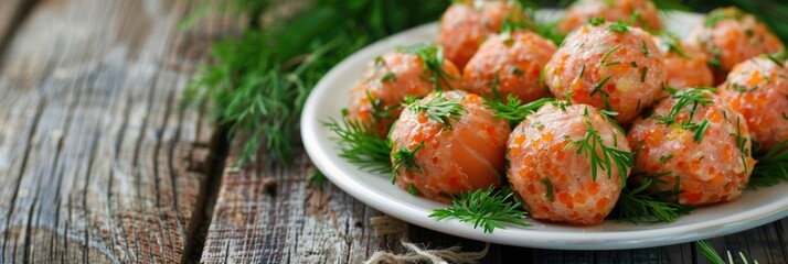 Homemade Fish Meatballs with Cod Roe, Appetizing Salmon Topped Cutlets