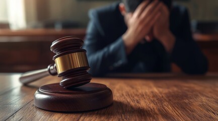 In a packed courtroom, a remorseful defendant sits quietly, contemplating the feelings of guilt, anxiety, and the heavy burden of criminal responsibility in this serious and somber setting