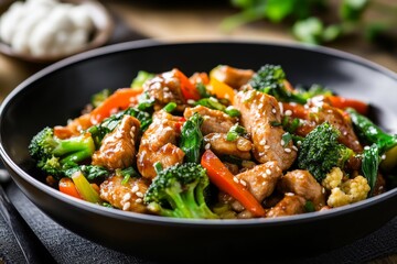Chinese stir fry pork with broccoli, bok choy, carrots, peppers, cauliflower, in black bowl