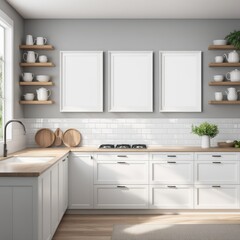 interior Artificial white frame in farmhouse kitchen, 3d rendered white frame mockup