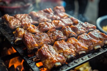 grilled pork ribs, fresh vegetables, tomato, mushroom, with sprinkle of seasalt and pepper, wooden plate, soft smoke