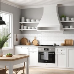 Fototapeta premium interior Artificial white frame in farmhouse kitchen, 3d rendered white frame mockup