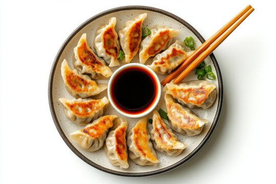 gyoza or dumplings snack with soy sauce from top view, shutterstock style, Isolated on White Background