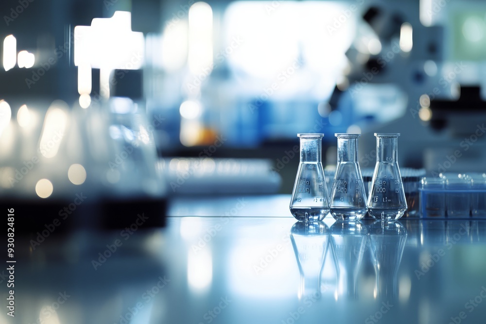 Poster this image provides a detailed closeup view of various laboratory glassware like flasks, showcasing 