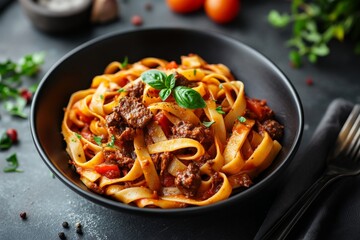 Pasta fettuccine with beef ragout sauce in black bowl