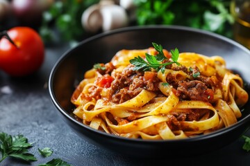 Pasta fettuccine with beef ragout sauce in black bowl
