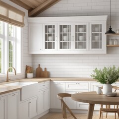 interior Artificial white frame in farmhouse kitchen, 3d rendered white frame mockup