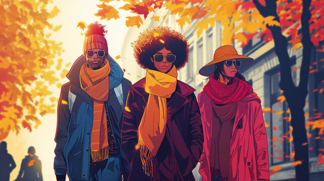 A stylish group of three friends, dressed in warm autumn layers with scarves and sunglasses, strolls down a tree-lined city street adorned with colorful fall foliage.
