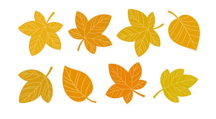 Orange Yellow Autumn Leaves Simple Flat Doodle Illustration Set. Vector Illustration